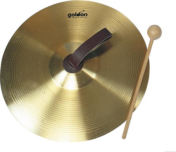 Goldene Handglocke mit Lederriemen und Holzklöppel, Musikinstrument aus Deutschland.