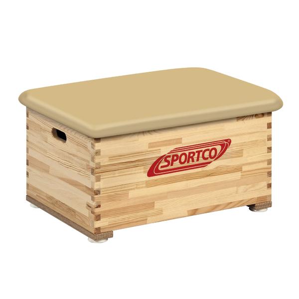 Holz-Sprungkasten mit gepolsterter Oberfläche und Sportco-Logo, Turngerät für Sprungübungen.