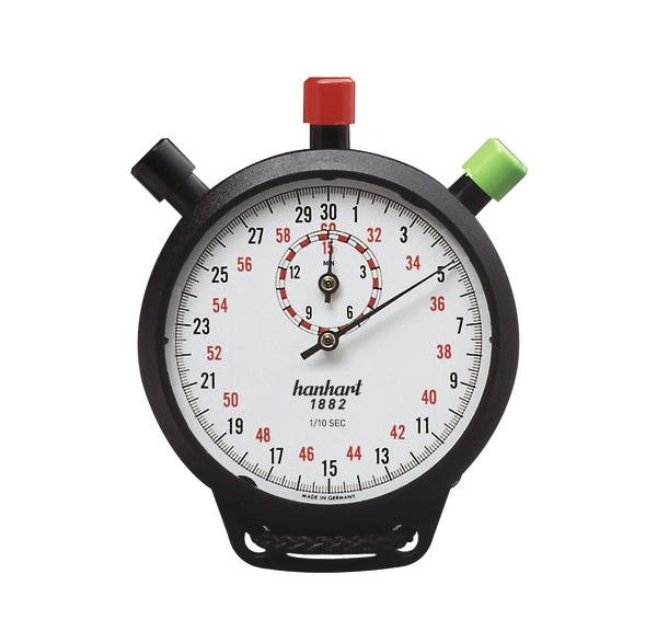 Schwarze Hanhart Stoppuhr mit weißem Zifferblatt und farbigen Drückern für präzise Zeitmessung.