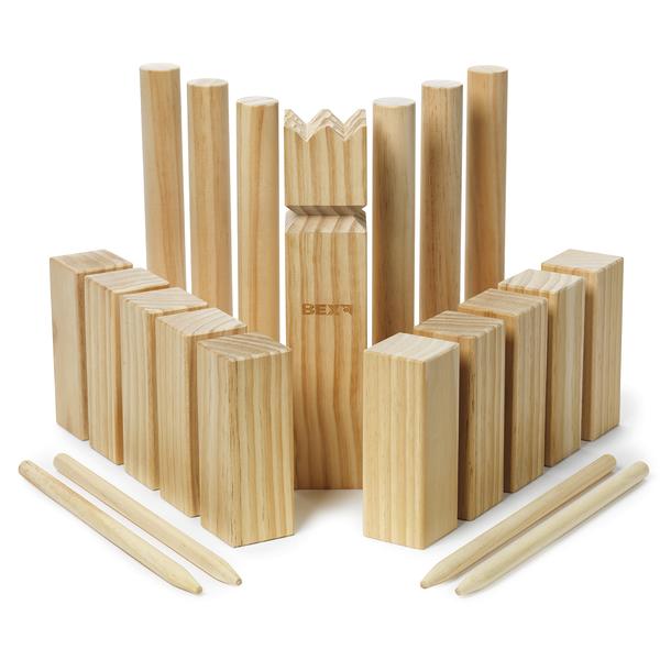 Holzspiel-Set mit König, Wurfstäben und Spielklötzen (Kubb/Wikingerschach).