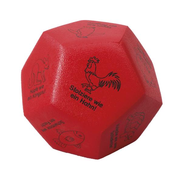 Roter 12-seitiger Würfel mit Tiermotiven und deutschen Sprüchen für spielerisches Lernen.