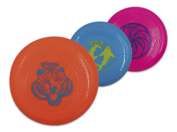 Drei bunte Frisbees mit Tiermotiven in Orange, Blau und Pink, auf weißem Hintergrund.