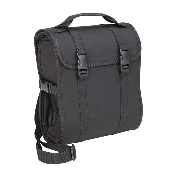 Schwarze Sanitätstasche mit Tragegriff und zwei Schnallenverschluss, robustes Material.