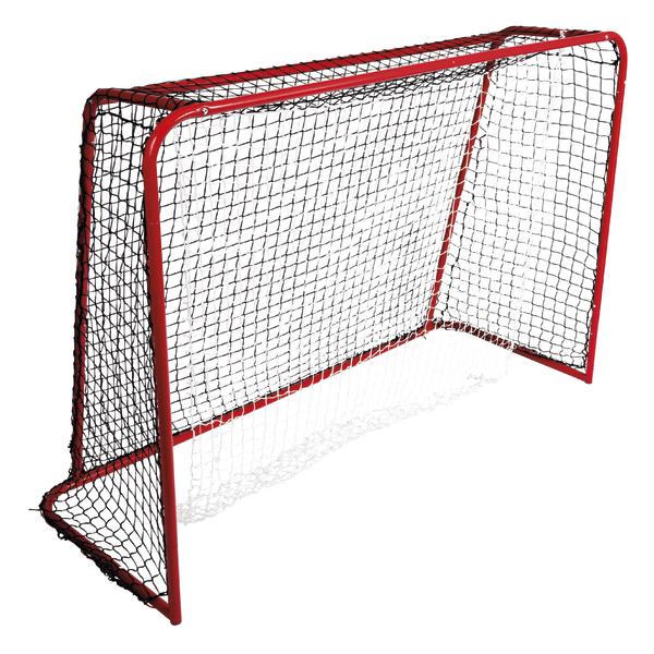 Kompaktes Trainingstor mit rotem Metallrahmen und schwarzem Netz, geeignet für Training und Freizeitspiele.