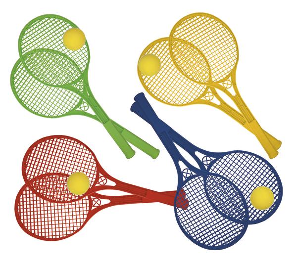 Bunte Kunststoff-Tennisschläger mit gelben Bällen, ideal für Kinder und Freizeitspiele.