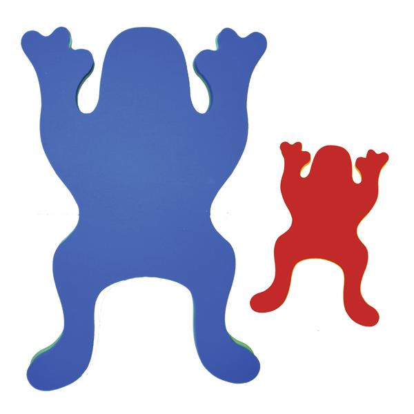 Blaues und rotes Froschförmiges Kletterbrett aus Kunststoff, isoliert auf weißem Hintergrund.