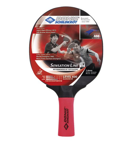 Donic Schildkröt Tischtennisschläger Sensation Line Level 600 mit rotem Griff und Spielerabbildungen.
