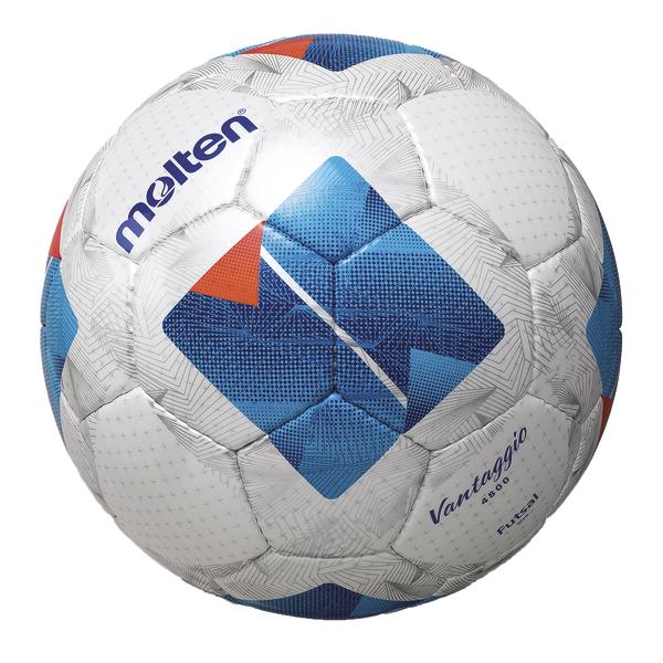 Weißer Molten Vantaggio 4800 Futsalball mit blau-orangenen Grafikelementen, Molten-Logo und strukturierter Oberfläche