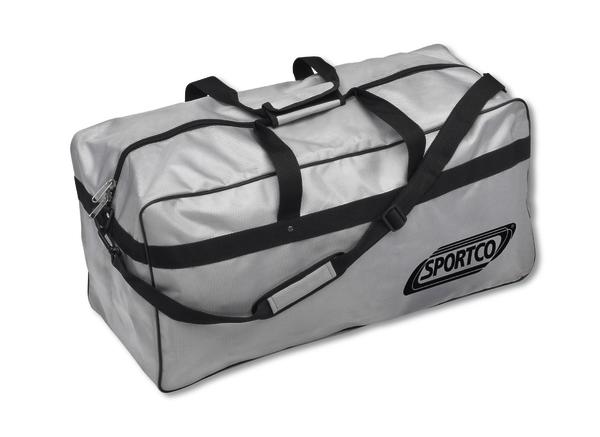 Sportliche graue Reisetasche mit schwarzem Tragegurt und Sportco-Logo.
