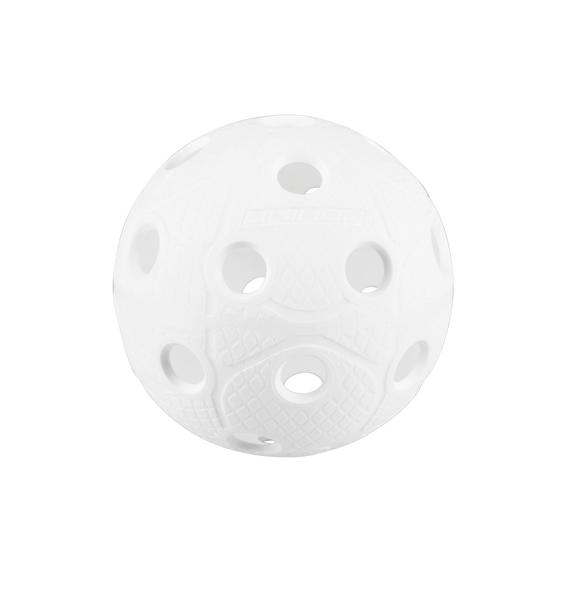 Weißer Floorball-Ball mit Löchern, geeignet für Hallen- und Outdoor-Sportarten.