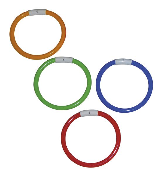 Bunte Kunststoffringe mit Nummern 1 bis 4, ideal für Spiele und Training.