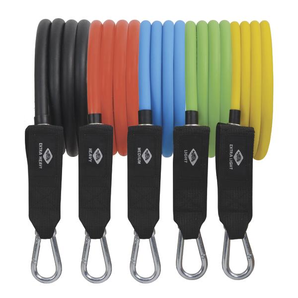 Widerstandsbänder in fünf Farben und Stärken mit Metallkarabinern für Fitness und Training.