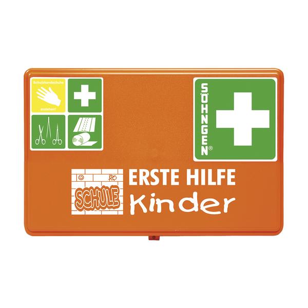 Erste-Hilfe-Kasten für Kinder mit Symbolen und Schriftzug "Schule" auf orangefarbenem Hintergrund.