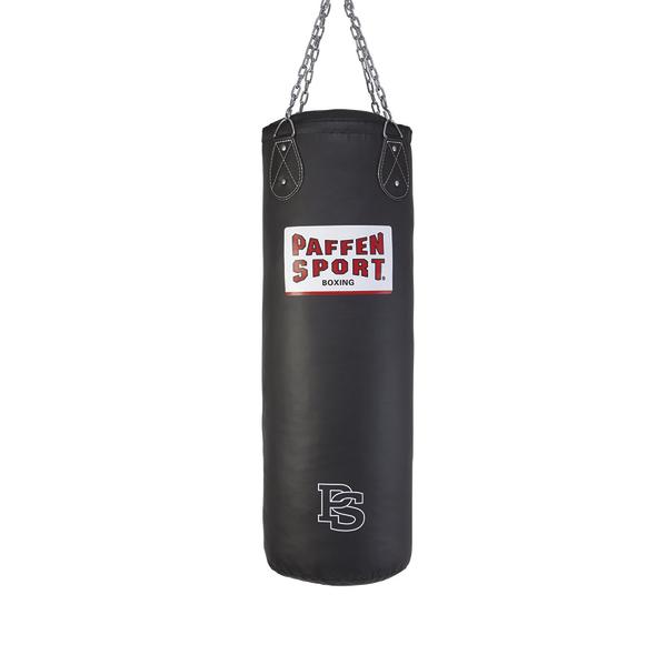 Schwarzer Boxsack mit Paffen Sport Logo, hängend an Metallketten, Trainingsausrüstung.