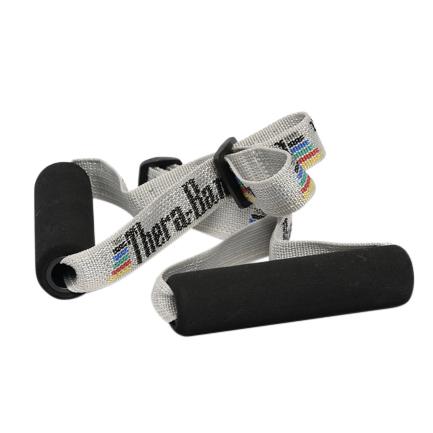 Widerstandsband mit Griffen für Fitness- und Krafttraining, grau mit buntem Muster.