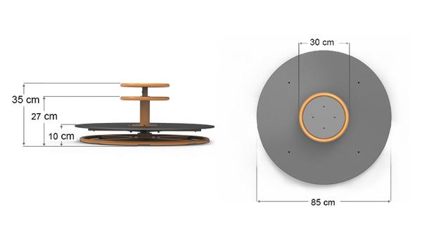 Seitenansicht eines rundes, höhenverstellbares Karussells mit Maßen in cm. Draufsicht eines rundes Karussellsmit Durchmesser- und Detailmaßen in cm.