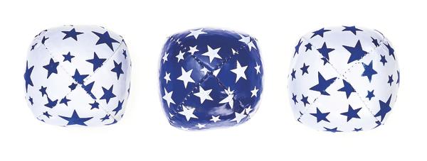 Weißer Würfel mit blauen Sternen und Blauer Würfel mit weißen Sternen.