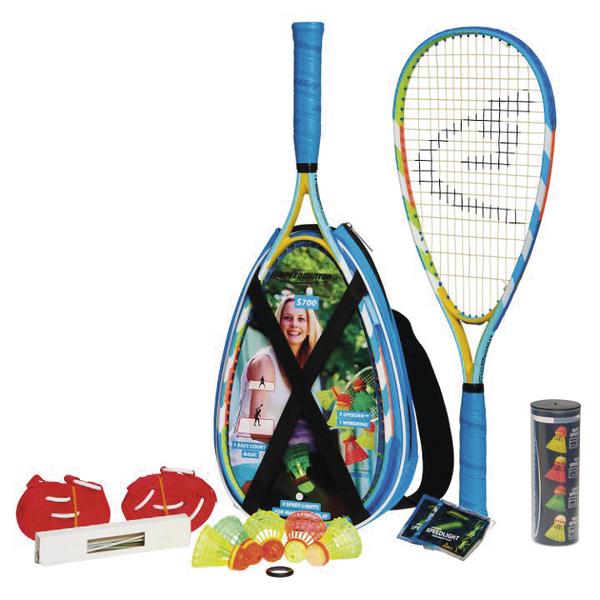 Squash-Set mit Schläger, Tasche, Bällen und Zubehör für Anfänger und Freizeitspieler.
