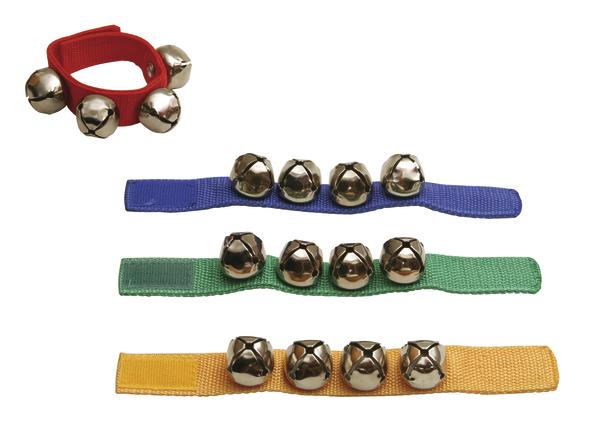 Handgelenkband in rot, blau, grün und gelb mit fünf Metallglöckchen für Musik und Rhythmus.