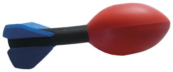 Aufblasbare rote Football-Rakete mit blauen Flossen, Spielzeug für Kinder.