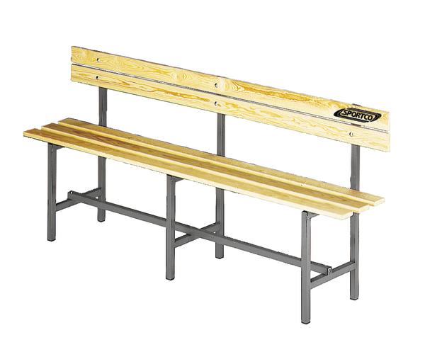Umkleidebank mit Rückenlehne und Metallgestell, ideal für Sportanlagen und Umkleideräume.