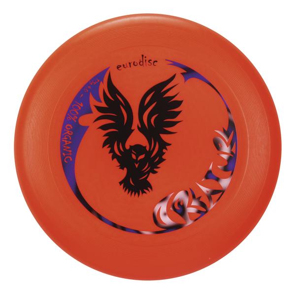 Orangefarbener Eurodisc Frisbee mit schwarzem Adler-Design und "100% Organic" Schriftzug.