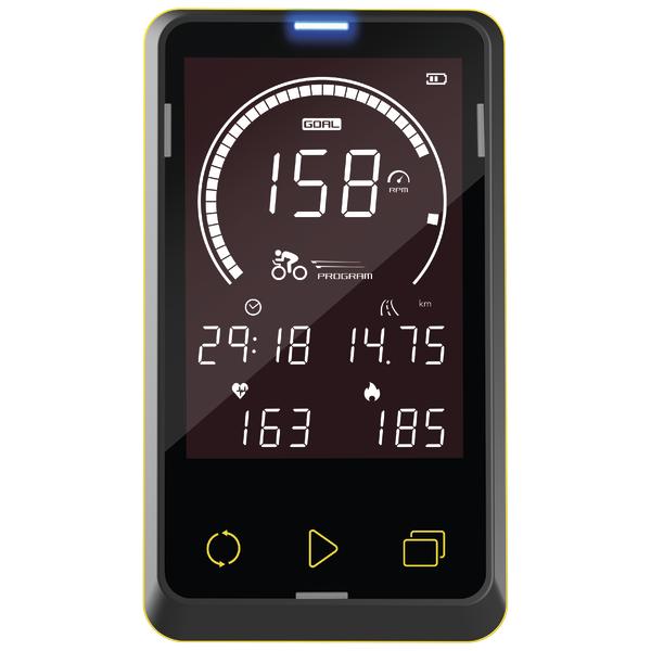 Display eines Fahrradcomputers mit Geschwindigkeit, Zeit, Distanz, Herzfrequenz und Kalorienanzeige.