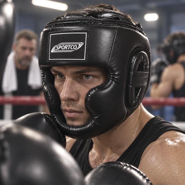 Boxer im Boxring trägt einen schwarzen gepolsterten Sportco Kopfschutz mit weißem Logo und hält schwarze Boxhandschuhe in Kampfposition. Im unscharfen Hintergrund sind weitere Personen beim Boxtraining zu sehen.