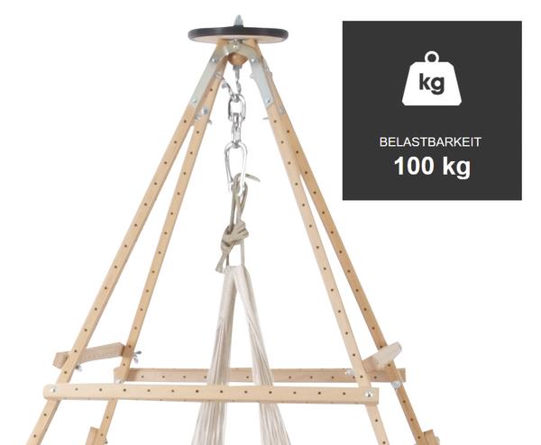 Holzgestell für Hängesessel mit 100 kg Belastbarkeit, stabile Metallaufhängung.