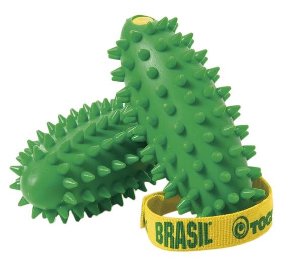 Grüner Massagegriff mit Noppen und gelbem Band mit Aufschrift "Brasil" für Handmassage.
