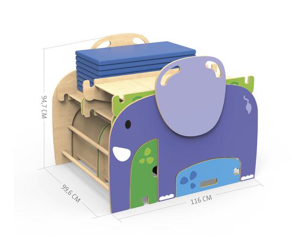 Kinderspielgerät aus Holz mit Elefantenmotiv, inklusive Matten, Maße 116x99,6x94,7 cm.