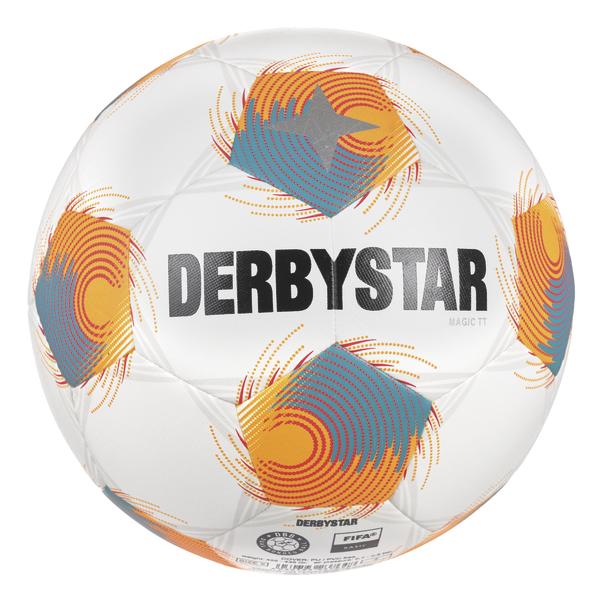 Rückseite weißer DERBYSTAR Magic TT Fußball mit orange-türkisem Spiraldesign, strukturierter Oberfläche und modernem Paneldesign