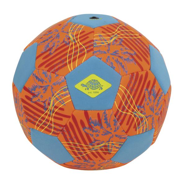 Bunter Ball mit blau-orangenem Blättermuster und Schildkröt Logo.