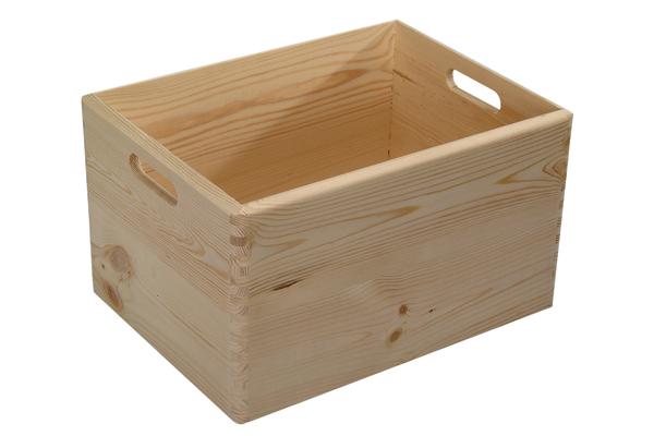 Holzkiste aus hellem Holz mit Griffen, rechteckig und offen, für Lagerung und Transport.
