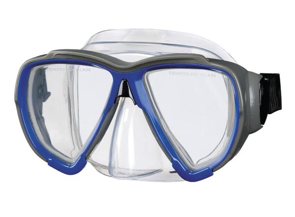 Taucherbrille mit klarem Glas und blau-schwarzem Rahmen, geeignet für Unterwasseraktivitäten.