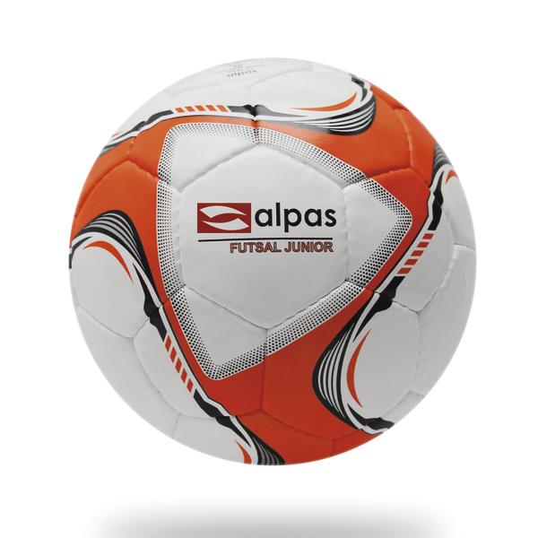 Futsal Junior Ball von alpas in Weiß und Orange mit dynamischem Design für Hallenfußball.