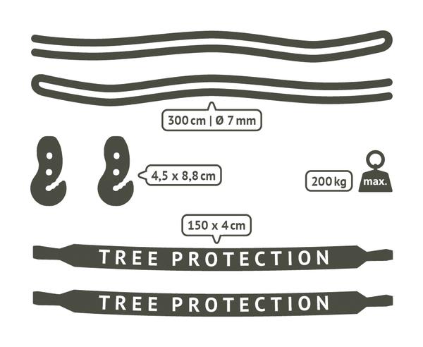 Set aus Baumschutzgurten, Haken und Seilen mit Maßen und 200 kg Tragkraft für Hängematte.