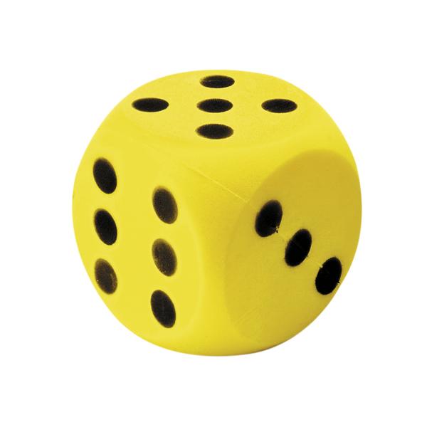 Gelber Spielwürfel mit schwarzen Punkten, zeigt die Zahlen drei, fünf und sechs.