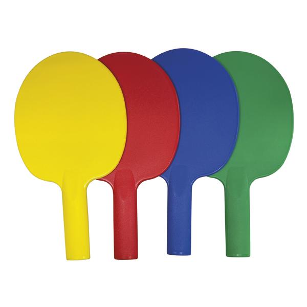 Vier Tischtennisschläger in Gelb, Rot, Blau und Grün ohne Belag auf weißem Hintergrund.