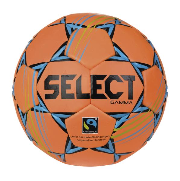 Handball Select Gamma orange mit blauem Muster und Fairtrade-Logo, Sportball für Handballspiele.