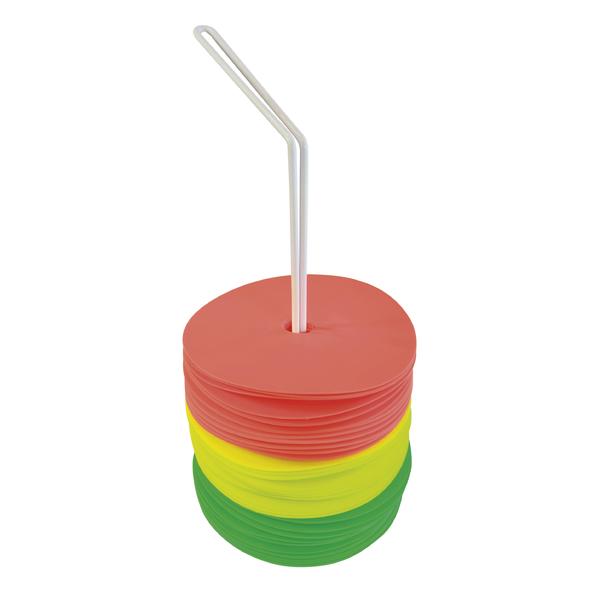 Aufnahme von oben: neon-grüne, neon-gelbe und neon-orange Markierungsscheiben, gestapelt auf einer weißen Transporthalterung.