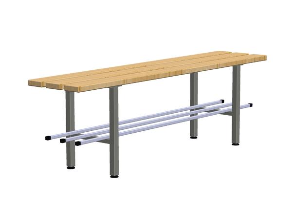 Robuste Umkleidebank mit Metallgestell und Fußstütze, ideal für Innen- und Außenbereiche.