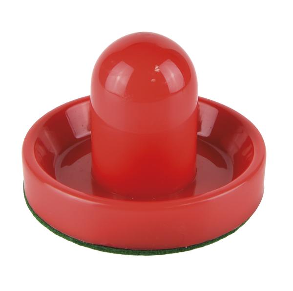 Roter Airhockey-Schläger mit grünem Filz für Tischspiele, isoliert auf weißem Hintergrund.