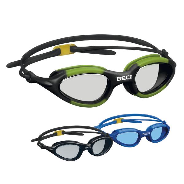 Schwimmbrillen in Grün, Schwarz und Blau mit verstellbarem Gurt für Wassersport und Schwimmen.