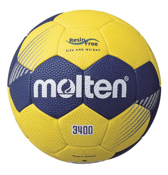 Handball Molten 3400 in Gelb und Blau, resinfrei, Größe und Gewicht standardisiert.
