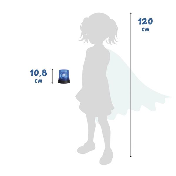 Größenvergleich einer blauen Rundumleuchte neben einer Kinder-Silhouette mit Maßangaben.