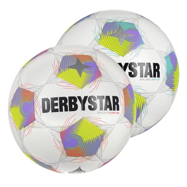 Zwei bunte Derbystar Fußballbälle mit weißem Grund und farbigen Mustern.