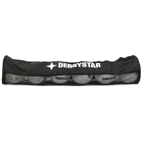 Schwarzer DERBYSTAR Ballschlauch mit Netzfront und mehreren weißen Bällen auf hellem Hintergrund.