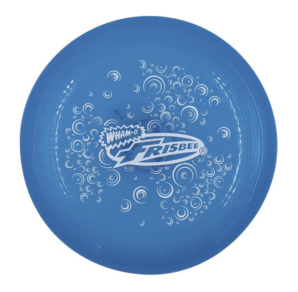 Blauer Wham-O Frisbee mit weißem Logo und kreisförmigen Mustern, Spielgerät für draußen.