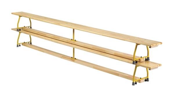 Mehrstufige Umkleidebank mit gelben Metallgestell, ideal für Sporthallen und Tribünen.